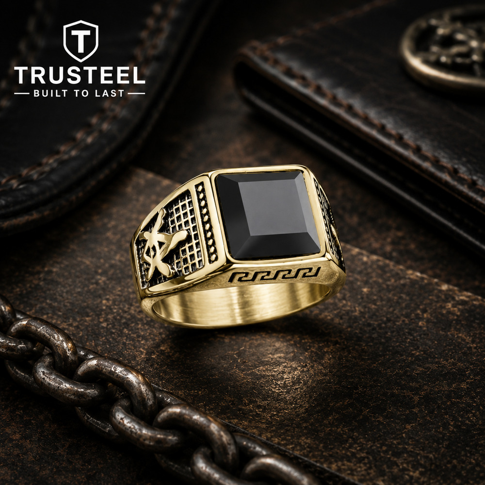 Men’s stainless steel Faceted Square Onyx Stone Masonic Ring size 11